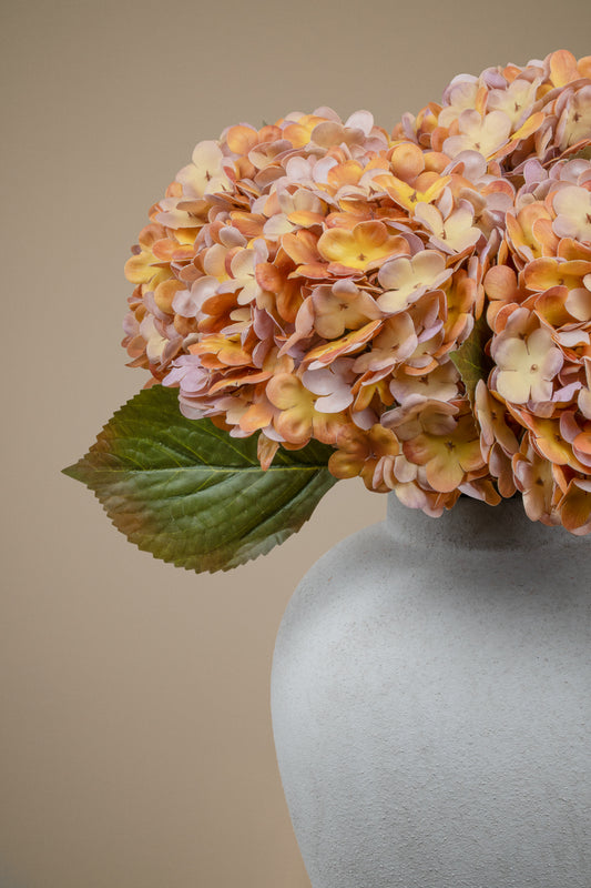 A close-up of dried or artificial hydrangea blooms in peach, orange, yellow, and pink tones with green leaves, arranged in a matte light gray ceramic vase against a warm beige background.
