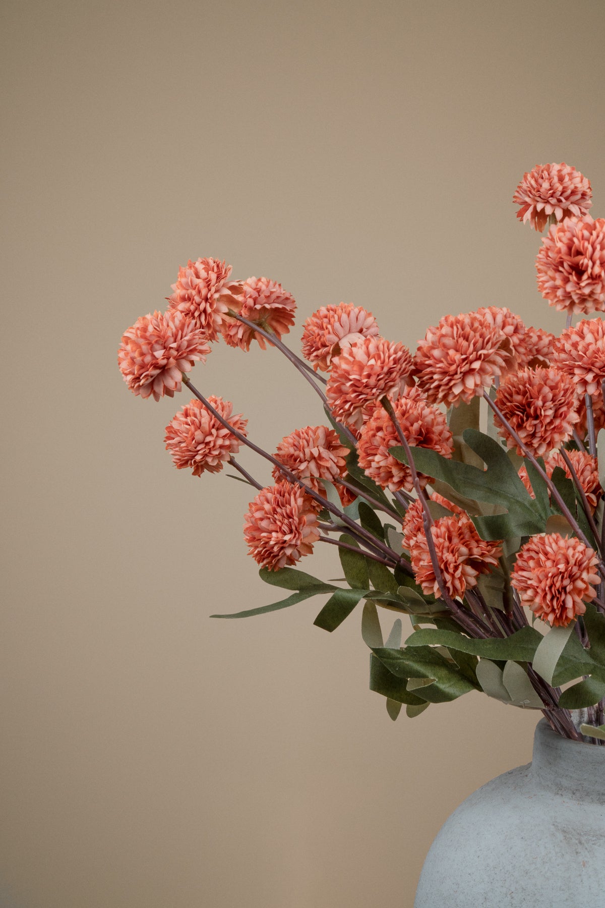 A bouquet of coral-pink chrysanthemum-style flowers with green leaves arranged in a light gray ceramic vase against a warm beige background.