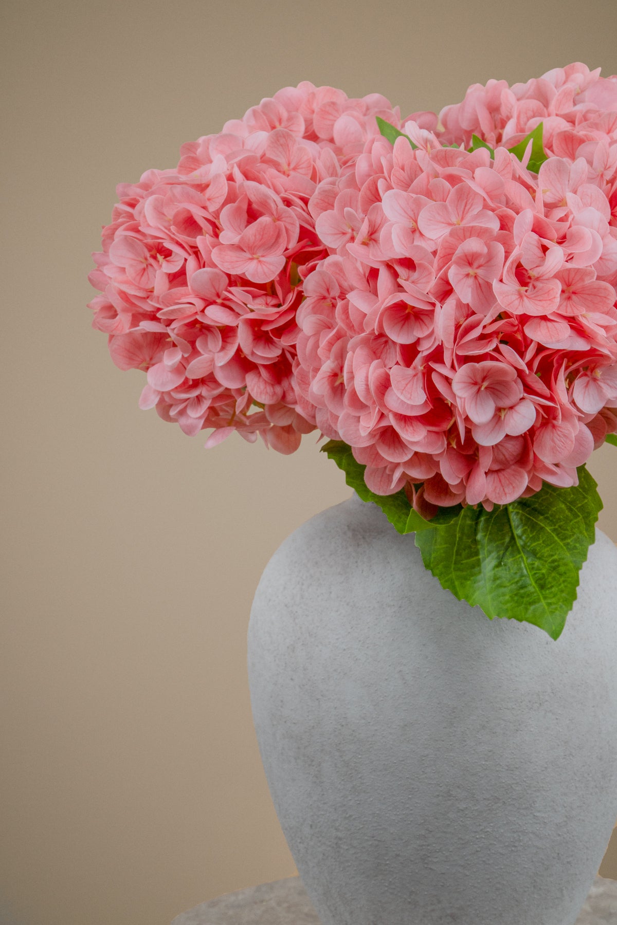 Pink hydrangea flowers arranged in a textured light gray ceramic vase against a solid beige background.