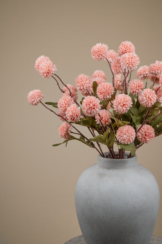 Pink pom-pom globe flowers with green leaves arranged in a matte gray ceramic vase against a solid beige background.