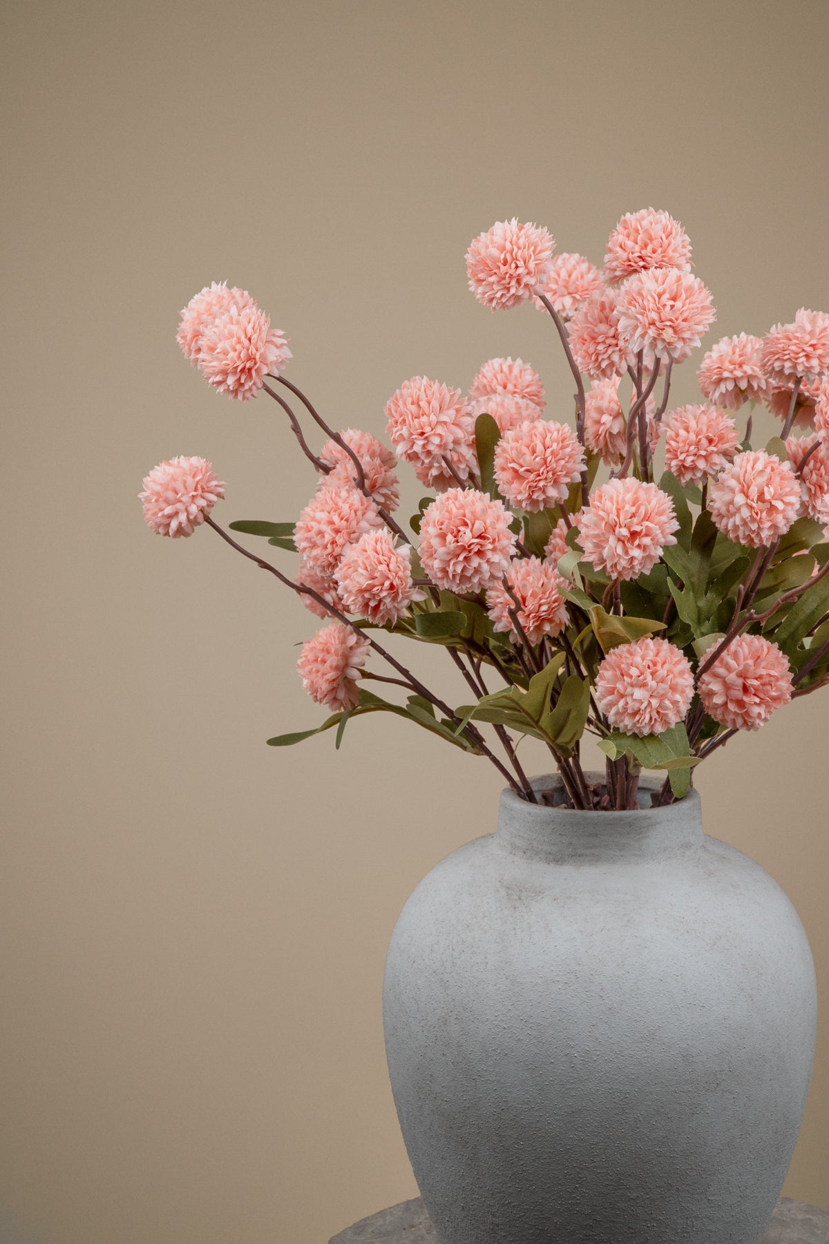 Pink pom-pom globe flowers with green leaves arranged in a matte gray ceramic vase against a solid beige background.